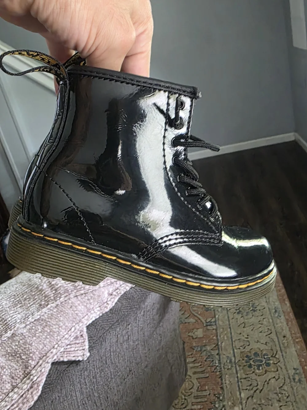 Dr. Martens 1460 Black Patent Lace-Up Ankle Boot with Yellow Stitching